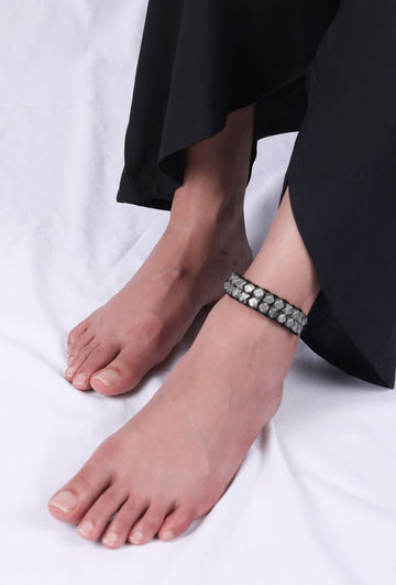 Set Of 2: Yashvi Black Thread & Antique Plated Brass Beaded Anklets